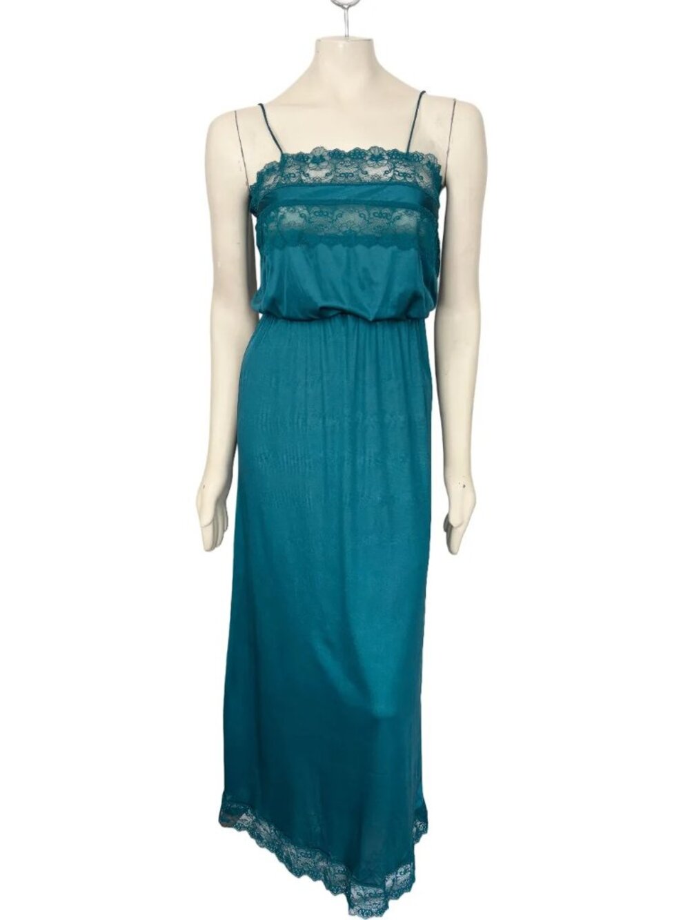 VTG 70s FLAIR Satin Lace Maxi Length Blouson Slip Dress Nightgown in Teal SZ M